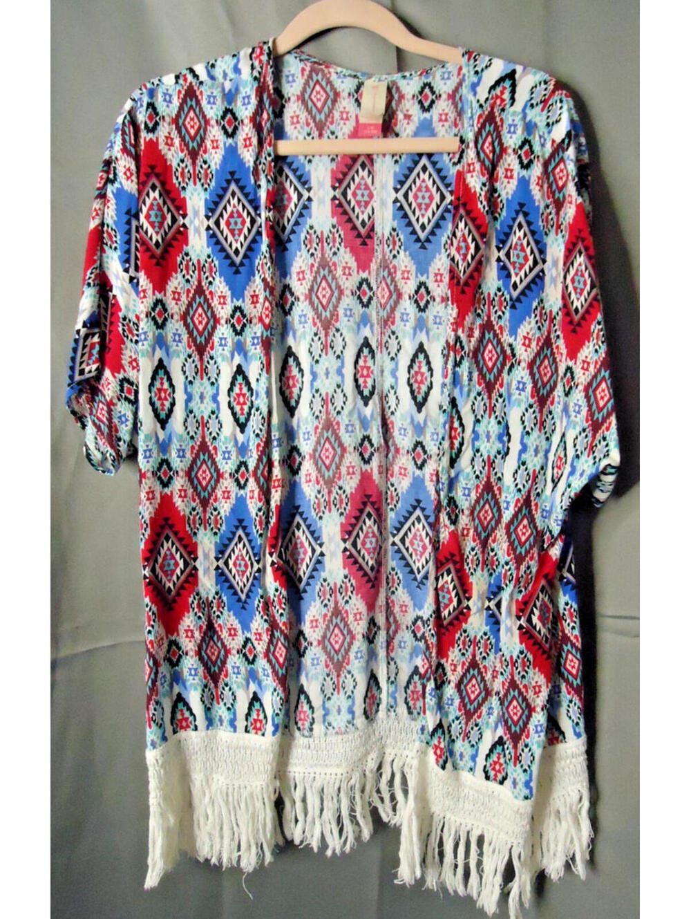 No Boundaries Open Front Aztec Print Lightweight Fringe Blouse Junior Lar (11-13